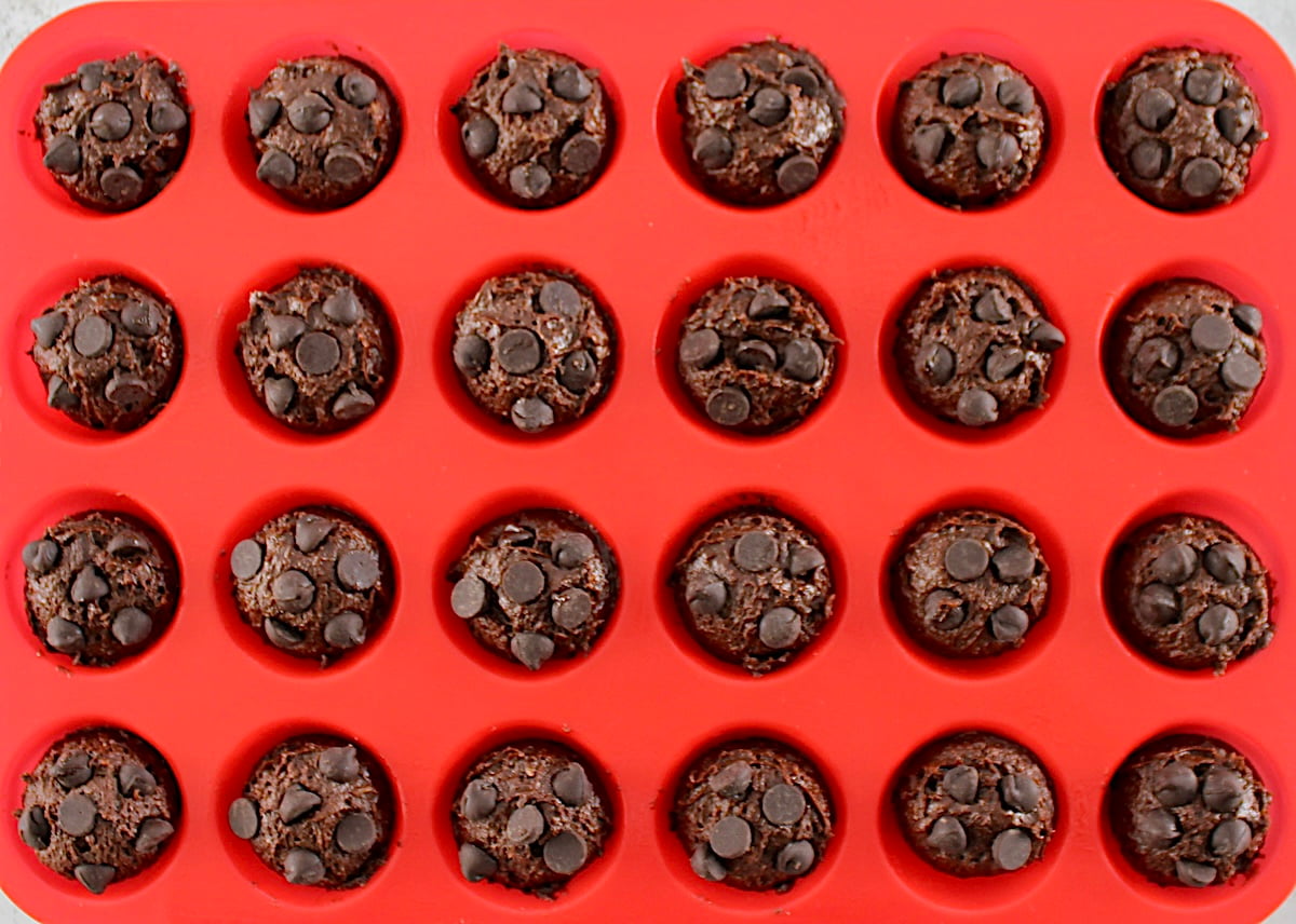 Chocolate Coconut Brownie Bites batter in red silicone mini muffin pan with chocolate chips on top unbaked