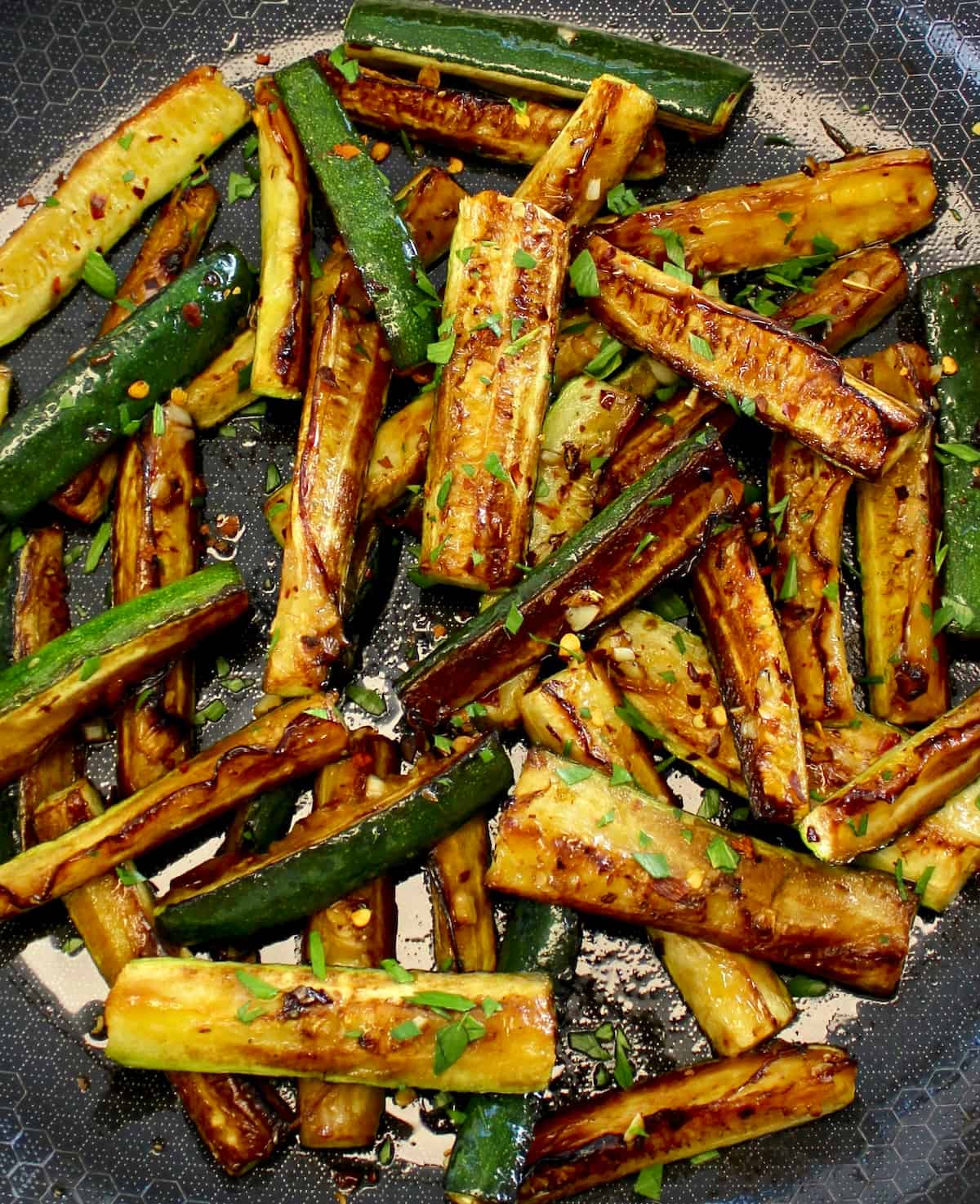 closeup of Easy Sautéed Zucchini in skillet