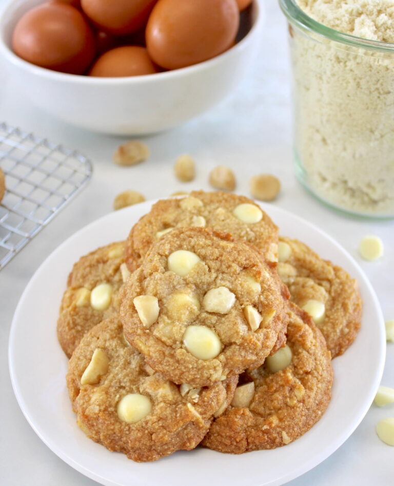Keto White Chocolate Macadamia Nut Cookies on white plate
