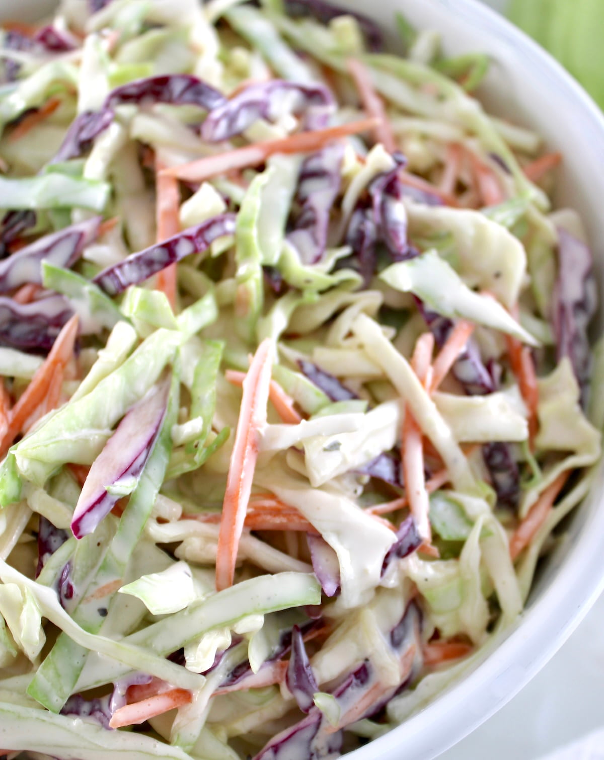 closeup of Easy Keto Coleslaw in white bowl