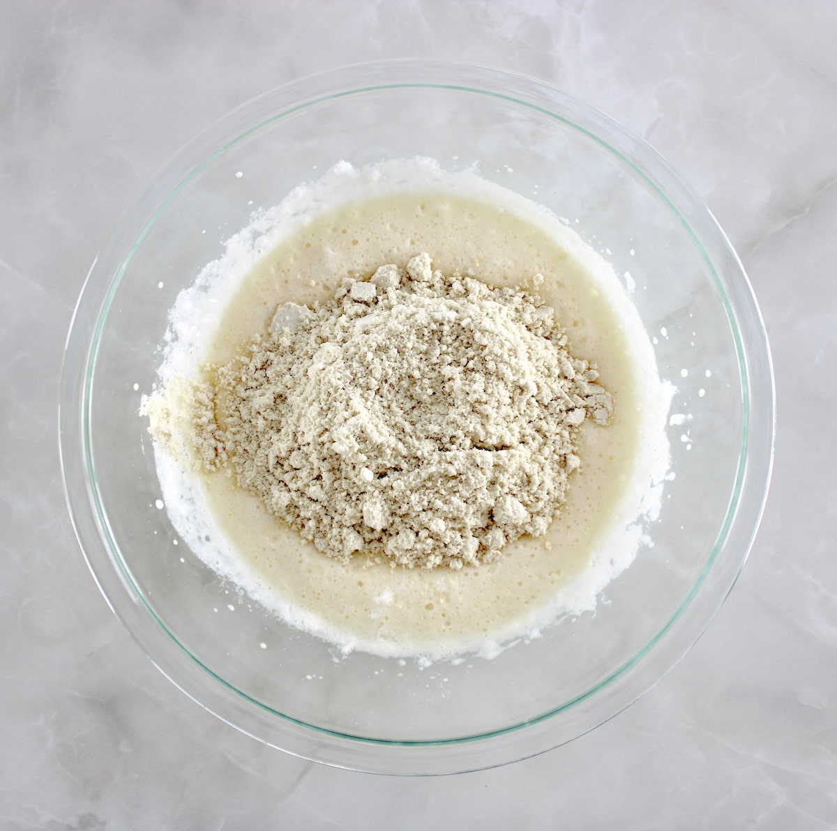 Keto Tiramisu Pancake batter wet and dry ingredients in glass bowl unmixed