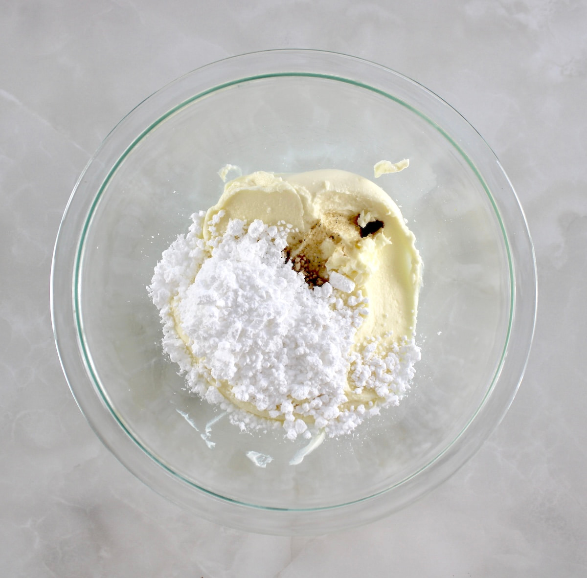 Keto Tiramisu Pancakes filling ingredients in glass bowl unmixed