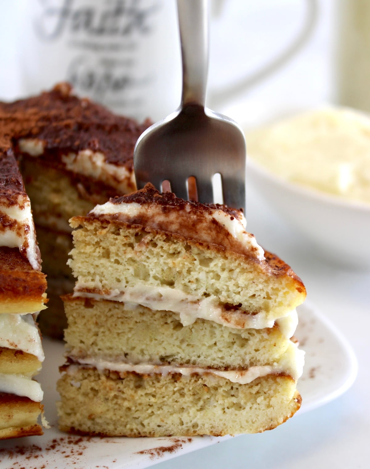 Keto Tiramisu Pancakes with bite on fork