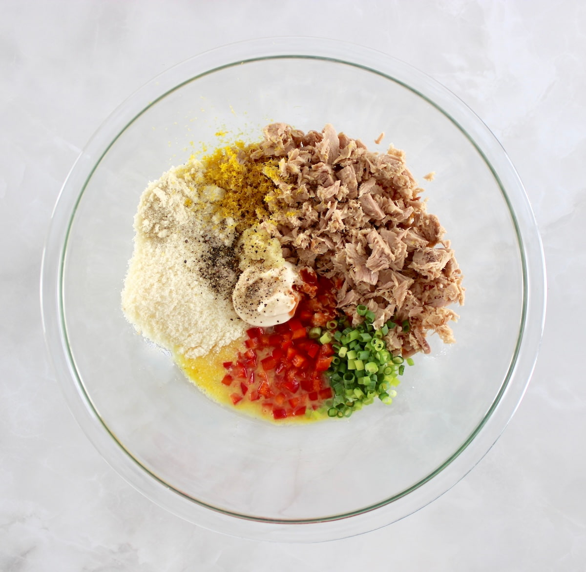 Tuna Cakes ingredients in glass bowl unmixed