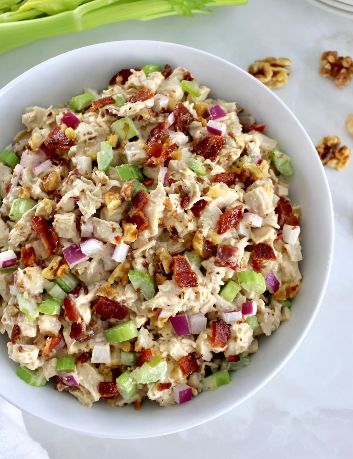 overhead view of Bacon Honey Mustard Chicken Salad in white bowl