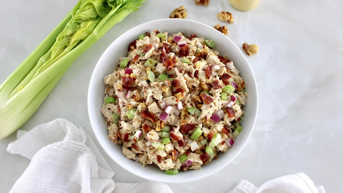 overhead view of Bacon Honey Mustard Chicken Salad in white bowl