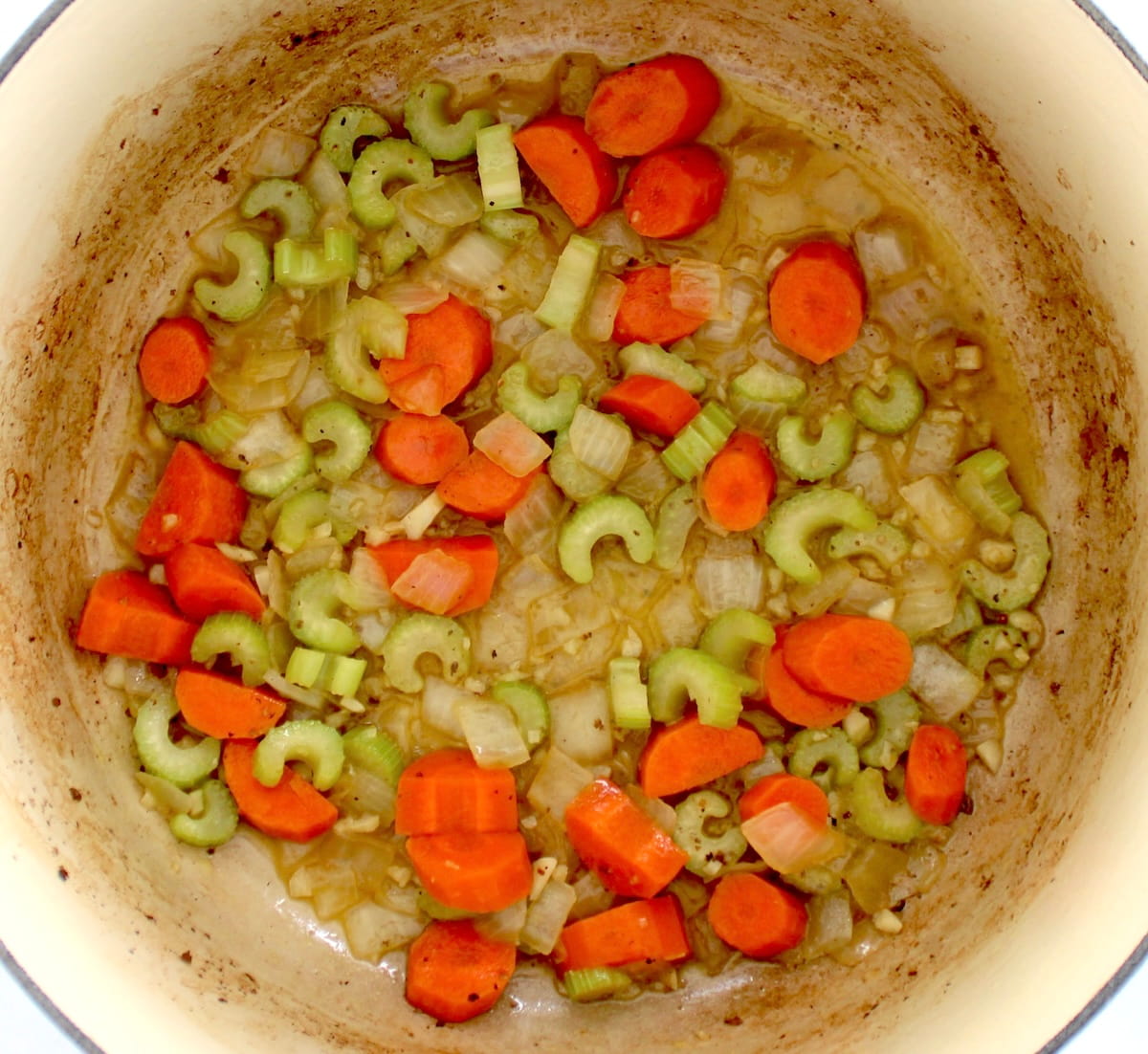 chopped carrots, celery, onions and garlic in pot