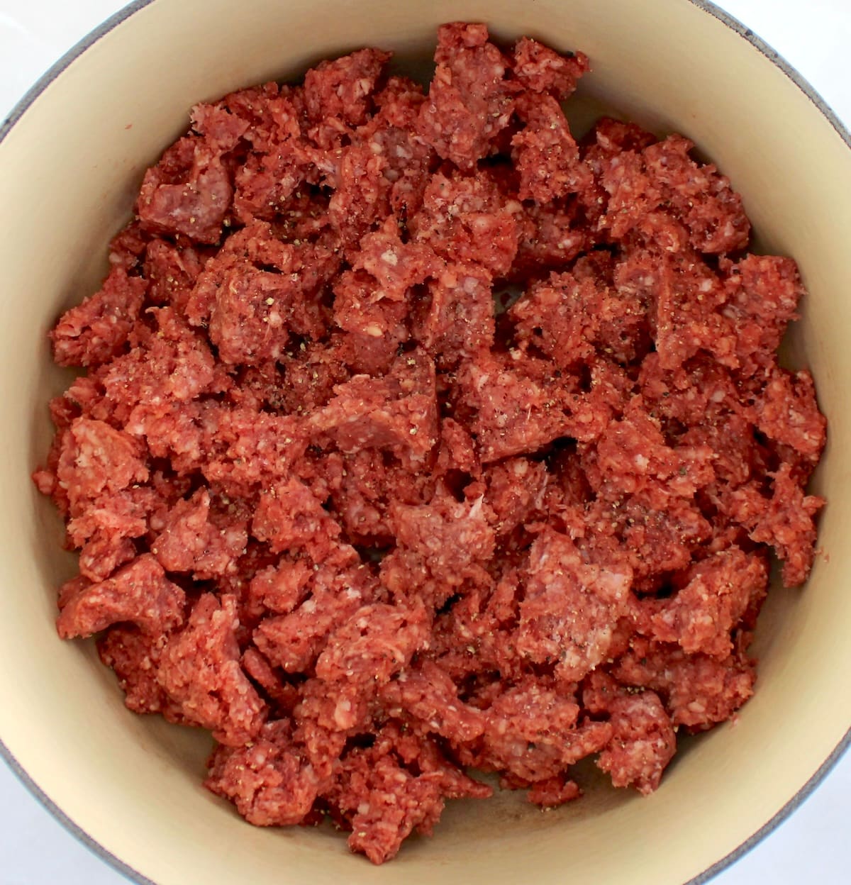 raw ground beef in pot