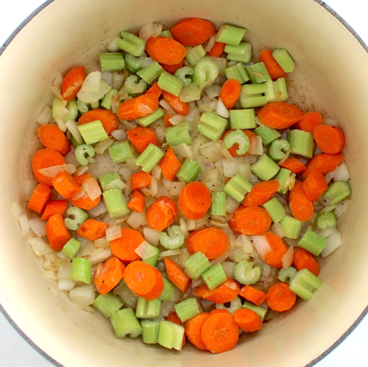 diced onions, carrots and celery in pot