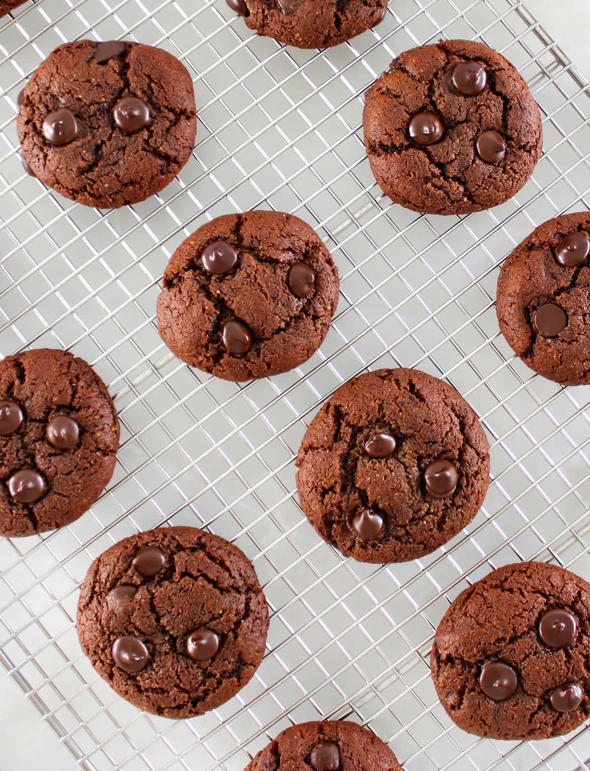 overhead view of Keto Chocolate Almond Butter Cookies on cooling rack