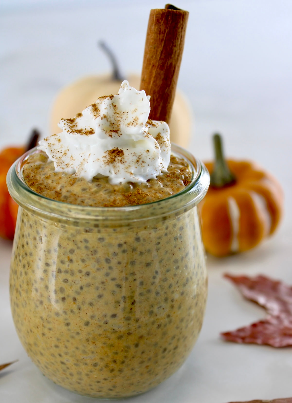 closeup side view of Pumpkin Chia Pudding in open glass jar with whip cream and cinnamon stick on top