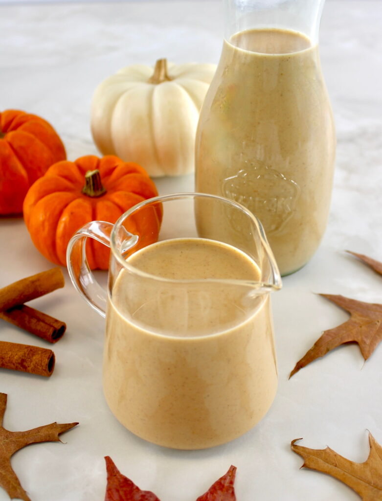 Keto Pumpkin Spice Coffee Creamer in glass pitcher