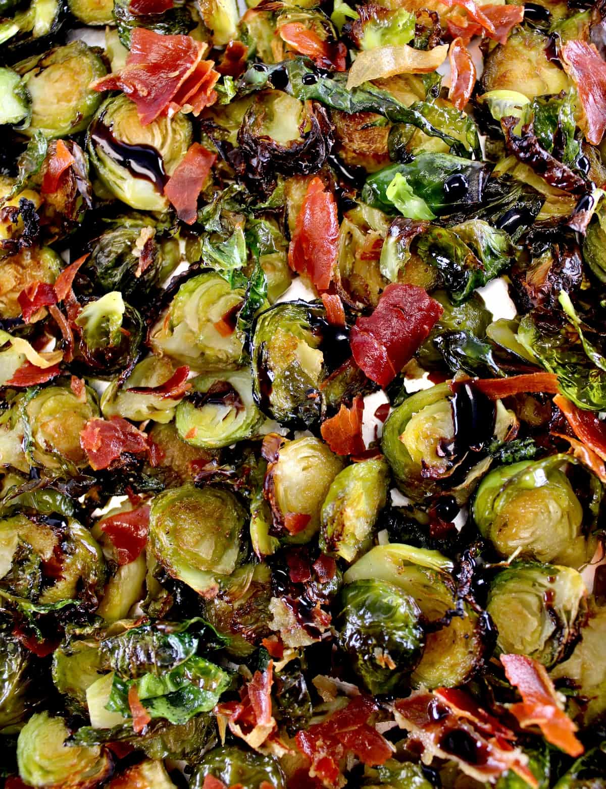 closeup of Roasted Balsamic Brussels Sprouts with Prosciutto