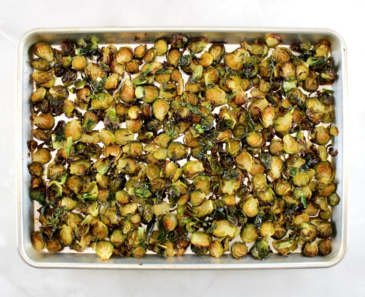 roasted Brussels sprouts on baking sheet